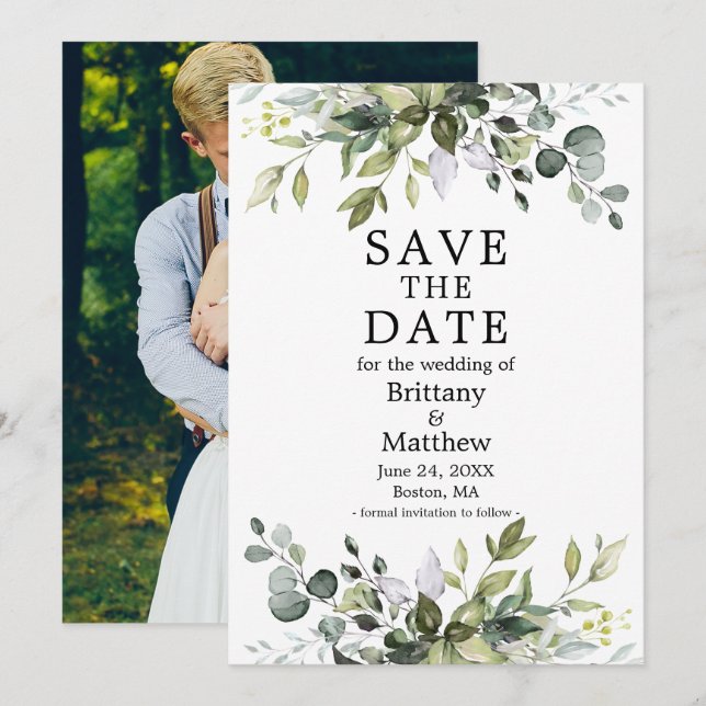 Modern Watercolor Botanical Greenery Photo Save The Date (Front/Back)