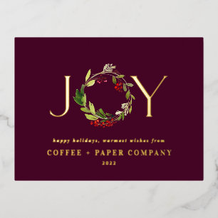 Modern watercolor botanical joy corporate burgundy foil holiday postcard