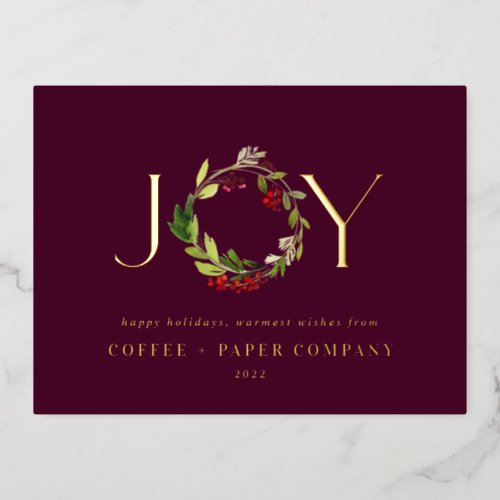 Modern watercolor botanical joy corporate burgundy foil holiday postcard