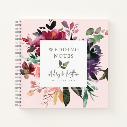 Modern Watercolor Botanical Pink Wedding Notes Notebook
