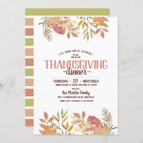 Modern Watercolor Botanical Thanksgiving Dinner Invitation - A beautiful autumn theme design featuring watercolor autumn leaves and a fun typographic layout. Personalize these invitations for your own celebration.
