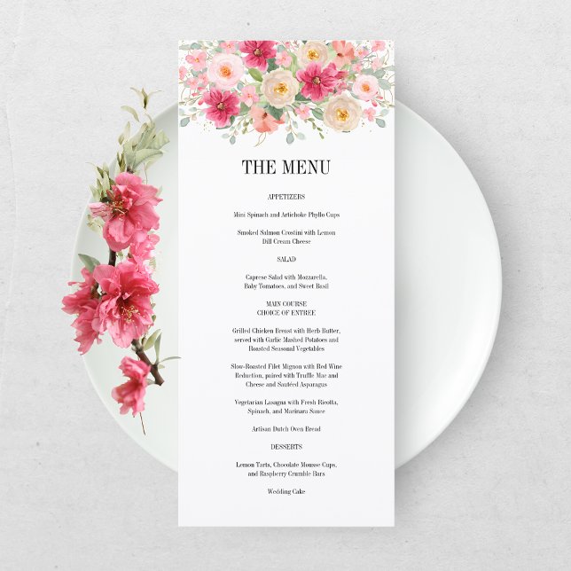 Modern Watercolor Bright Pink Floral Wedding Menu (Creator Uploaded)