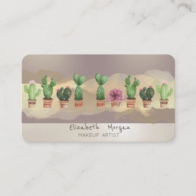 Modern  Watercolor Brush Stroke Cactus Business Card (Front)
