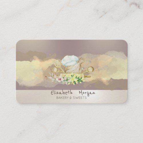 Modern Watercolor Brush Stroke Flower Bakery Tools Business Card