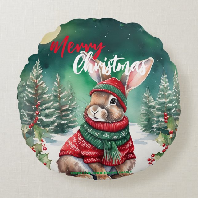 Modern watercolor Bunny rabbit Christmas tree Snow Round Pillow (Front)