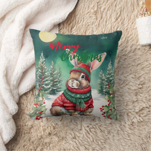 Modern watercolor Bunny rabbit Christmas tree Snow Throw Pillow