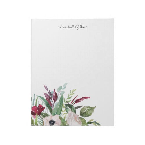 Modern Watercolor Burgundy Blush Floral Greenery Notepad