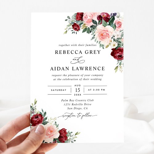 Modern Watercolor Burgundy Blush Floral Wedding Invitation
