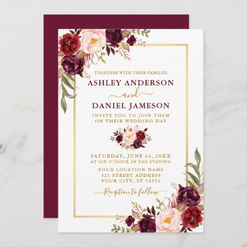 Modern Watercolor Burgundy Floral Gold Wedding Invitation