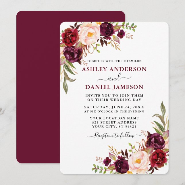 Modern Watercolor Burgundy Floral Greenery Wedding Invitation (Front/Back)