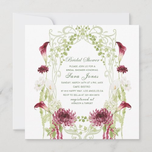 Modern Watercolor burgundy green flowers Bridal Sh Save The Date