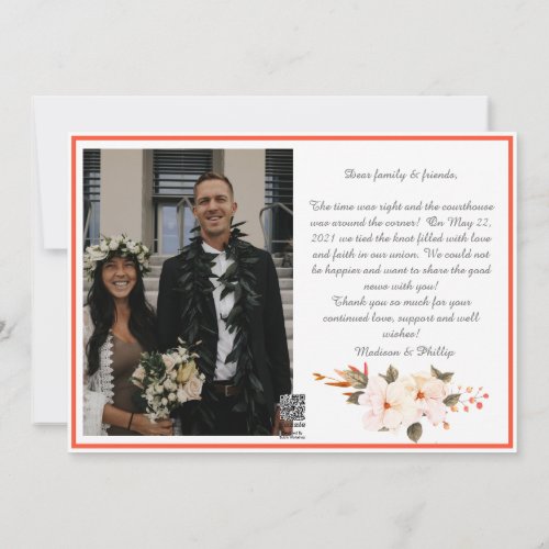 Modern Watercolor Burnt Orange Floral We Eloped Holiday Card