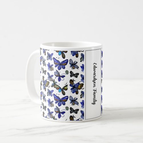 Modern watercolor butterflies family name coffee mug