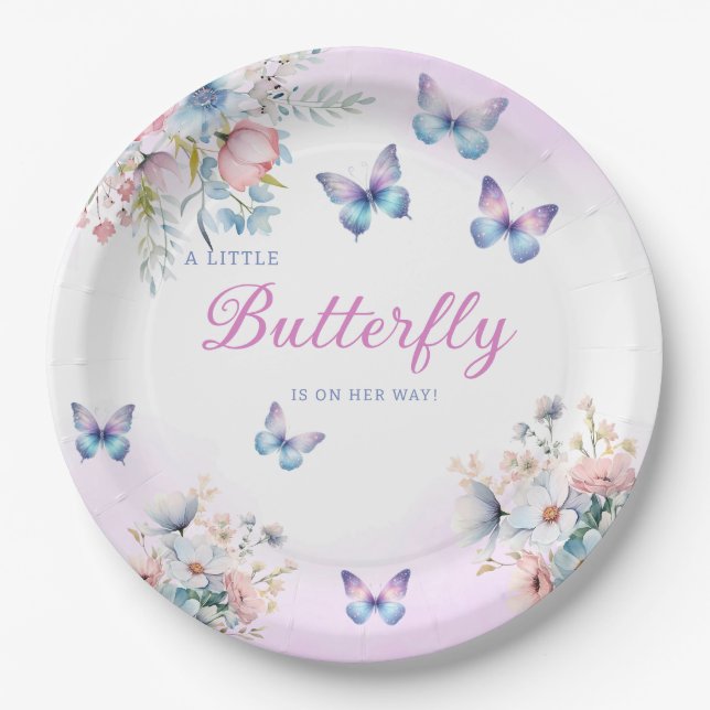 Modern Watercolor Butterfly Floral baby shower Paper Plates (Front)