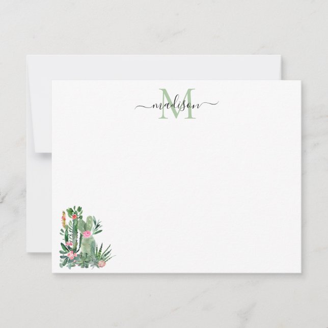 Modern Watercolor Cactus Floral Desert Monogram Note Card (Front)