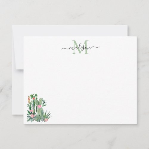Modern Watercolor Cactus Floral Desert Monogram Note Card