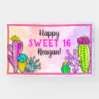 Modern Watercolor Cactus Succulent Birthday Fiesta Banner