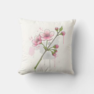 Modern Watercolor Cherry Blossom Branch Throw Pillow