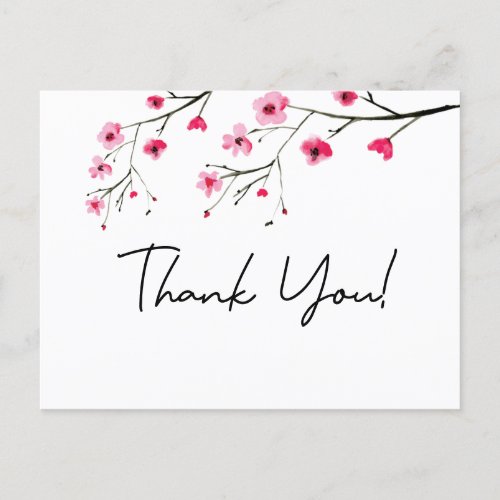 Modern watercolor cherry blossom wedding thank you postcard