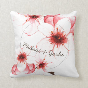 Modern Watercolor Cherry Blossom Wedding Throw Pillow