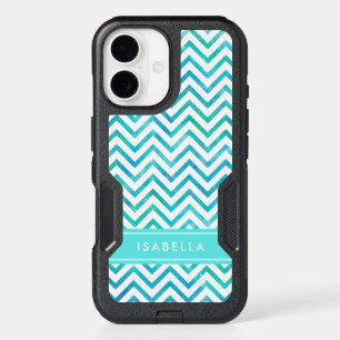 Modern Watercolor Chevron Pattern Blue and White iPhone 16 Case
