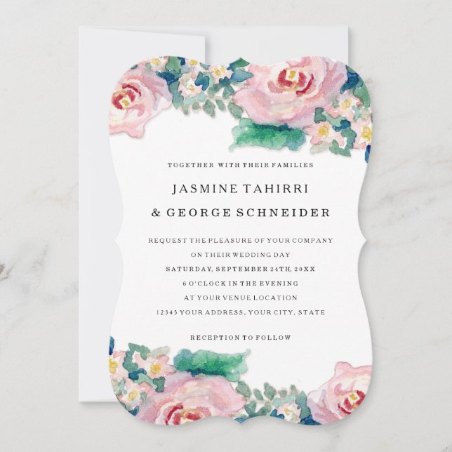 MODERN Watercolor Chic Wide Stripes w Roses Invitation (Front)