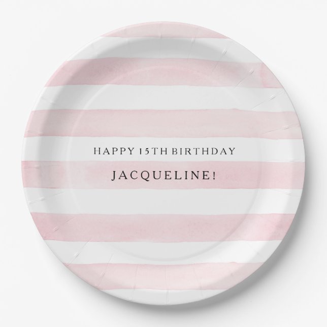 MODERN Watercolor Chic Wide Stripes w Roses Paper Plates (Front)