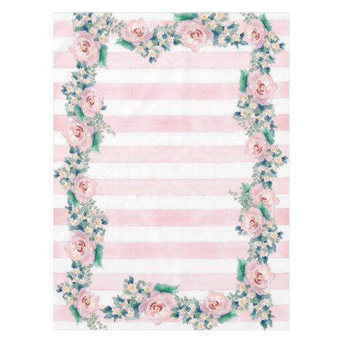 MODERN Watercolor Chic Wide Stripes w Roses Tablecloth