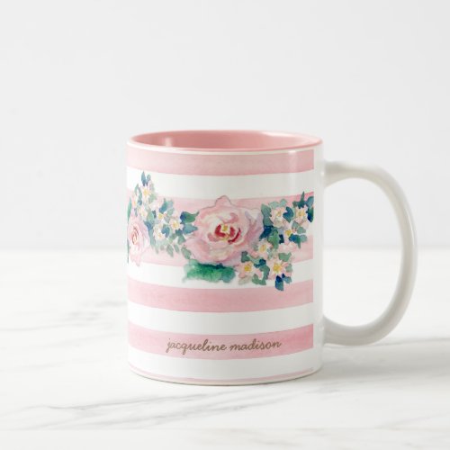 MODERN Watercolor Chic Wide Stripes w Roses Two_Tone Coffee Mug