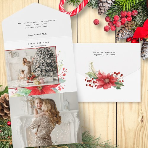 Modern Watercolor Christmas Botanical Photo All In One Invitation
