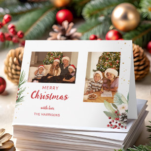 Modern Watercolor Christmas Botanical Two-Photo Card