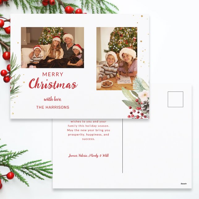 Modern Watercolor Christmas Botanical Two-Photo  Holiday Postcard (Creator Uploaded)