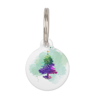 Modern Watercolor Christmas colorful Pine Tree Pet ID Tag
