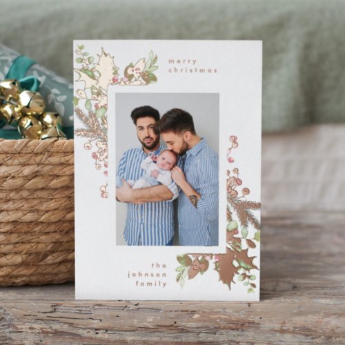 Modern Watercolor Christmas Florals and Rose Gold Foil Holiday Card