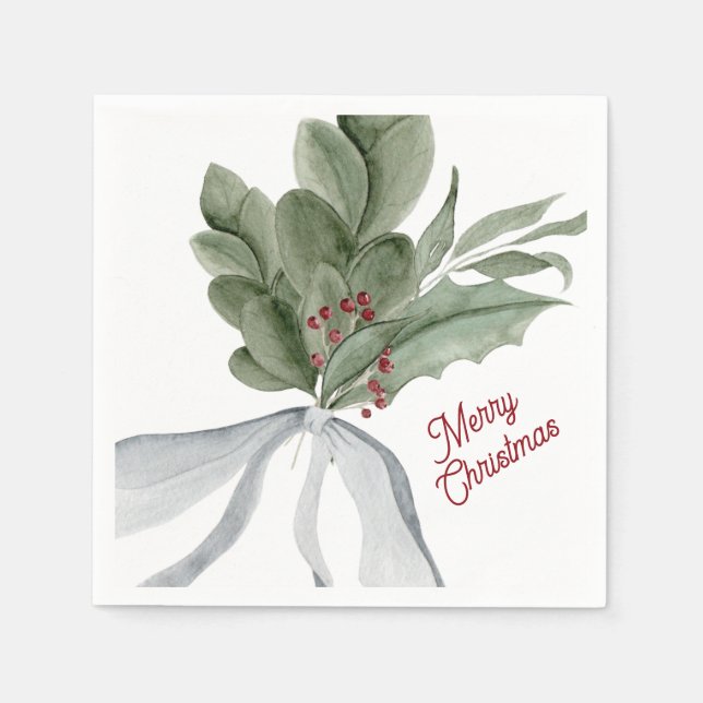 Modern Watercolor Christmas Foliage Napkins (Front)