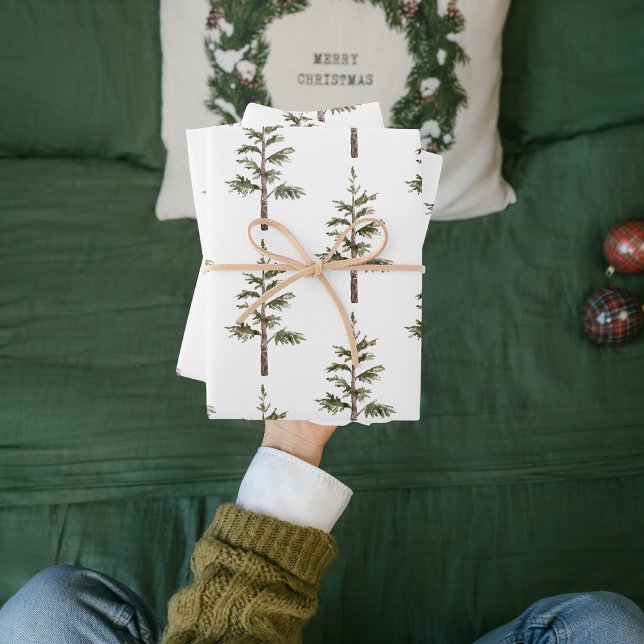 Modern Watercolor Christmas Green Pine Tree Wrapping Paper Sheets (Creator Uploaded)