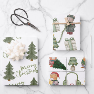 Modern Watercolor Christmas Green Pine Tree Wrapping Paper Sheets