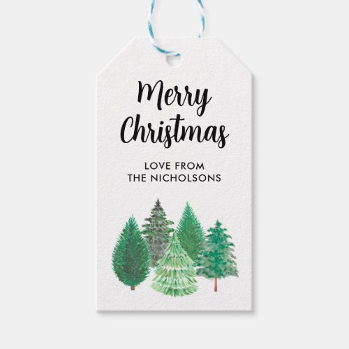 Modern Watercolor Christmas Green Pine Trees Gift Tags