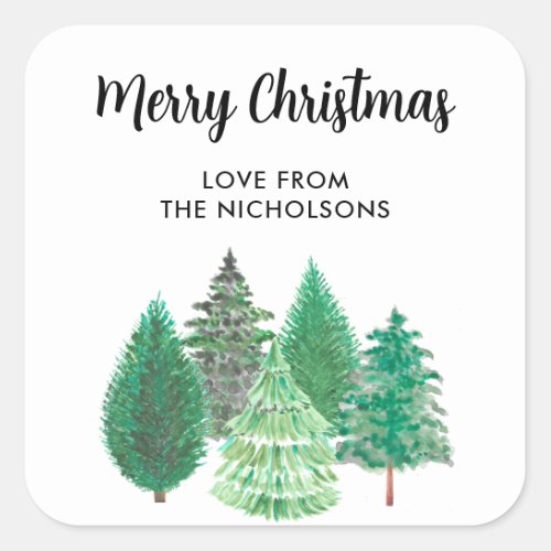 Modern Watercolor Christmas Green Pine Trees Square Sticker