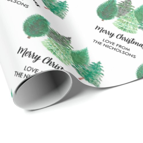 Modern Watercolor Christmas Green Pine Trees Wrapping Paper