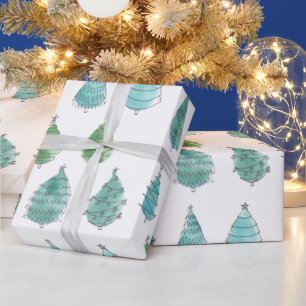 Modern Watercolor Christmas Green Pine Trees Wrapping Paper