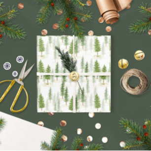 Modern Watercolor Christmas Holiday Green Trees Wrapping Paper
