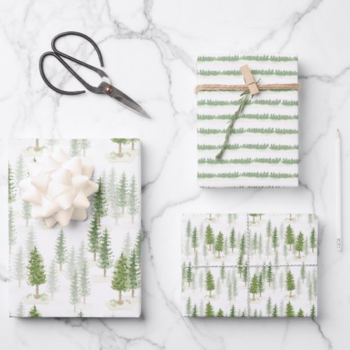 Modern Watercolor Christmas Holiday Green Trees Wrapping Paper Sheets