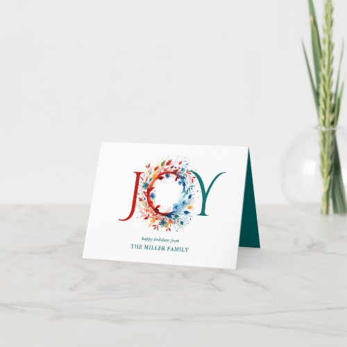 Modern Watercolor Christmas JOY Botanical Wreath Holiday Card