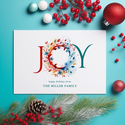 Modern Watercolor Christmas Joy Botanical Wreath Holiday Card