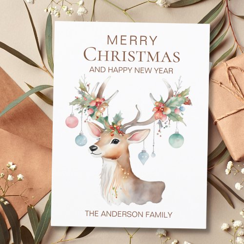 Modern Watercolor Christmas Ornament Reindeer Flat Holiday Card