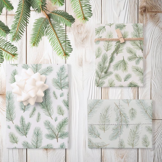 Modern Watercolor Christmas Pine Leaves Wrapping Paper Sheets (Creator Uploaded)