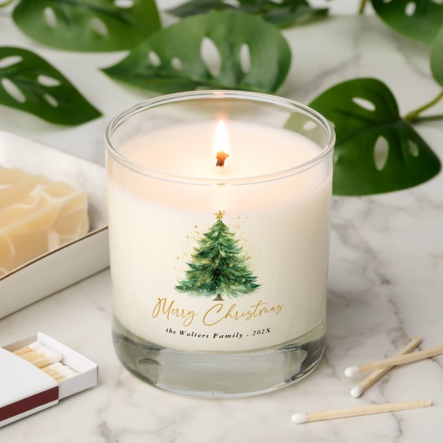 Modern Watercolor Christmas Pine Tree Scented Candle (Lit)
