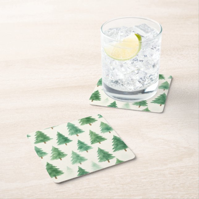 Modern Watercolor Christmas Pine Trees Seamless  Square Paper Coaster (Insitu)
