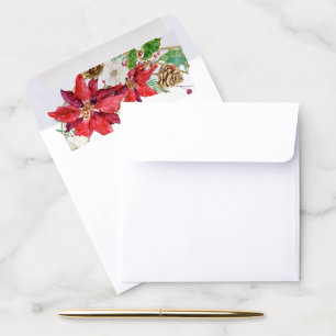 Modern Watercolor Christmas Poinsettia Holly Pine Envelope Liner